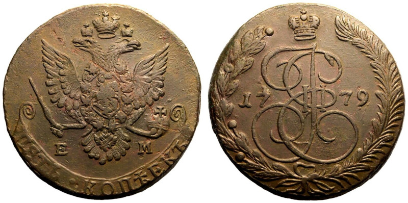 Almost Extremely Fine | RUSSIA. EMPIRE. Catherine II. 
Copper 5 Kopeck, 1779. E...