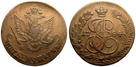 Good Very Fine | RUSSIA. EMPIRE. Catherine II. 
Copper 5 Kopeck, 1784. Suzun mint. 
Crowned double-headed imperial eagle facing, wearing shield on b...