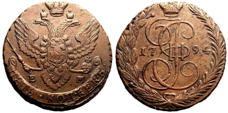 About Extremely Fine | RUSSIA. EMPIRE. Catherine II. 
Copper 5 Kopeck, 1794. Ek...