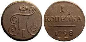Good Very Fine. Minor porosity | RUSSIA. EMPIRE. Paul I. 
Copper Kopeck, 1798. Ekaterinburg mint. 
Crowned monogram / Denomination over date; E.M
...