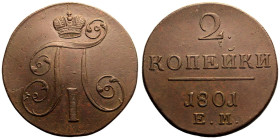 Good Extremely Fine | RUSSIA. EMPIRE. Paul I. 
Copper 2 Kopeck, 1801. Ekaterinburg mint. 
Crowned monogram / Denomination over date; E.M

Good Ext...