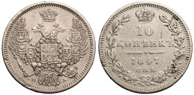 Very Fine + | RUSSIA. EMPIRE. Nicholas I. 
Silver 10 Kopeck, 1847. St Petersburg mint. 
Crowned double-headed eagle facing with wings spread, wearin...