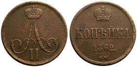 Very Fine, Rusty Dies | RUSSIA. EMPIRE. Alexander II. 
Copper Kopeck, 1862. Warsaw mint. 
Crowned monogram / Denomination over date; crown above, B....