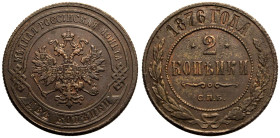 Good Very Fine | RUSSIA. EMPIRE. Alexander II. 
Copper 2 Kopeck, 1876. St Petersburg mint. 
Crowned double-headed eagle facing with wings spread, we...