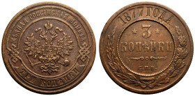 Good Very Fine | RUSSIA. EMPIRE. Alexander II. 
Copper 3 Kopeck, 1877. St Petersburg mint. 
Crowned double-headed eagle facing with wings spread, we...