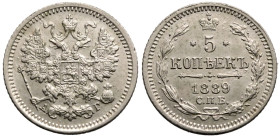 Extremely Fine | RUSSIA. EMPIRE. Alexander III. 
Silver 5 Kopeck, 1889. St Petersburg mint. 
Crowned double-headed eagle facing with wings spread, w...