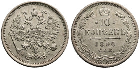 Extremely Fine. Scarce | RUSSIA. EMPIRE. Alexander III. 
Silver 10 Kopeck, 1890. St Petersburg mint. 
Crowned double-headed eagle facing with wings ...