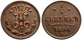 About Extremely Fine | RUSSIA. EMPIRE. Nicholas II. 
Copper Polushka (1/4 Kopeck), 1898. Birmingham mint. 
Monogram; crown with ribbons above, wreat...