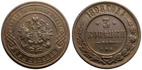 Almost Extremely Fine | RUSSIA. EMPIRE. Nicholas II. 
Copper 3 Kopeck, 1898. Birmingham mint. 
Crowned double-headed eagle facing with wings spread,...