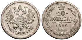 Extremely Fine | RUSSIA. EMPIRE. Nicholas II. 
Silver 10 Kopeck, 1902. St Petersburg mint. 
Crowned double-headed eagle facing with wings spread, we...