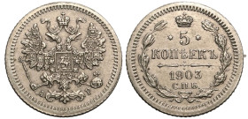 Almost Extremely Fine | RUSSIA. EMPIRE. Nicholas II. 
Silver 5 Kopeck, 1903. St Petersburg mint. 
Crowned double-headed eagle facing with wings spre...