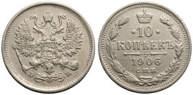 Almost Extremely Fine | RUSSIA. EMPIRE. Nicholas II. 
Silver 10 Kopeck, 1906. St Petersburg mint. 
Crowned double-headed eagle facing with wings spr...