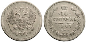 Frost White, about Extremely Fine | RUSSIA. EMPIRE. Nicholas II. 
Silver 10 Kopeck, 1907. St Petersburg mint. 
Crowned double-headed eagle facing wi...