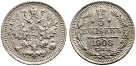 Extremely Fine or better | RUSSIA. EMPIRE. Nicholas II. 
Silver 5 Kopeck, 1908. St Petersburg mint. 
Crowned double-headed eagle facing with wings s...
