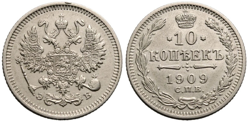 Extremely Fine | RUSSIA. EMPIRE. Nicholas II. 
Silver 10 Kopeck, 1909. St Peter...