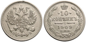 Extremely Fine | RUSSIA. EMPIRE. Nicholas II. 
Silver 10 Kopeck, 1909. St Petersburg mint. 
Crowned double-headed eagle facing with wings spread, we...
