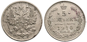 Extremely Fine | RUSSIA. EMPIRE. Nicholas II. 
Silver 5 Kopeck, 1910. St Petersburg mint. 
Crowned double-headed eagle facing with wings spread, wea...