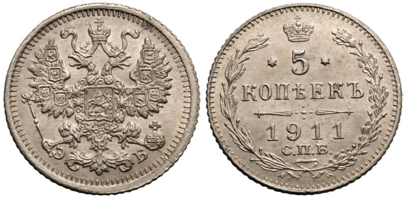 About Uncirculated.Scarce | RUSSIA. EMPIRE. Nicholas II. 
Silver 5 Kopeck, 1911...