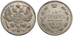 About Uncirculated. Scarce | RUSSIA. EMPIRE. Nicholas II. 
Silver 15 Kopeck, 1911. St Petersburg mint. 
Crowned double-headed eagle facing with wing...