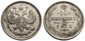 About Extremely Fine | RUSSIA. EMPIRE. Nicholas II. 
Silver 10 Kopeck, 1912. St Petersburg mint. 
Crowned double-headed eagle facing with wings spre...