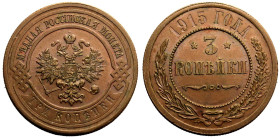 Uncirculated. Traces of lustre | RUSSIA. EMPIRE. Nicholas II. 
Copper 3 Kopeck, 1915. St Petersburg mint. 
Crowned double-headed eagle facing with w...