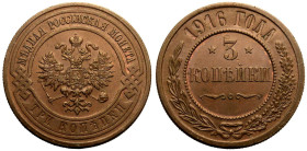 About Uncirculated | RUSSIA. EMPIRE. Nicholas II. 
Copper 3 Kopeck, 1916. St Petersburg mint. 
Crowned double-headed eagle facing with wings spread,...