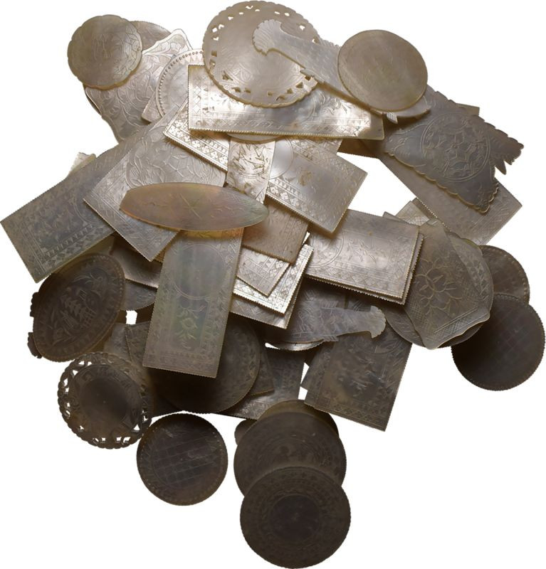 Uncirculated, a few broken. Rare | CHINA. 
 Mother of Pearl Gambling Tokens, . ...