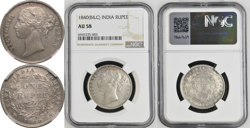 AU 58 | INDIA. BRITISH COLONIAL. Victoria. 
Silver Rupee, 1840 B&C. 
VICTORIA ...