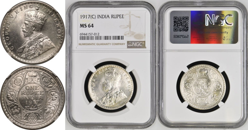 MS 64 | INDIA. BRITISH COLONIAL. George V. 
Silver Rupee, 1917C. 
GEORGE V KIN...