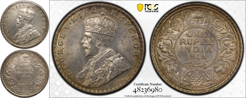 MS63 | INDIA. BRITISH. George V. 
Silver 1 Rupee, 1918 &bull;. Bombay. 
Crowne...