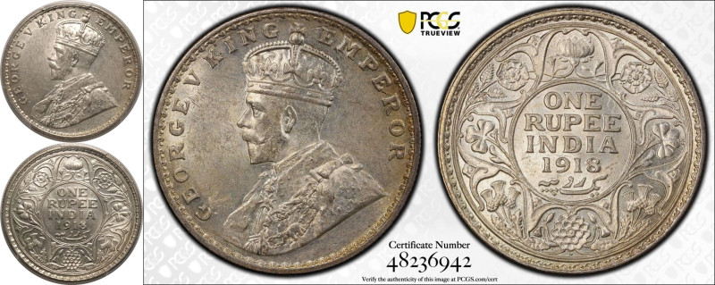 MS63 | INDIA. BRITISH. George V. 
Silver 1 Rupee, 1918 &bull;. Bombay. 
Crowne...