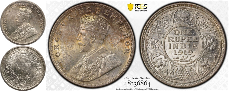 MS63 | INDIA. BRITISH. George V. 
Silver 1 Rupee, 1919 &bull;. Bombay. 
Obv: G...