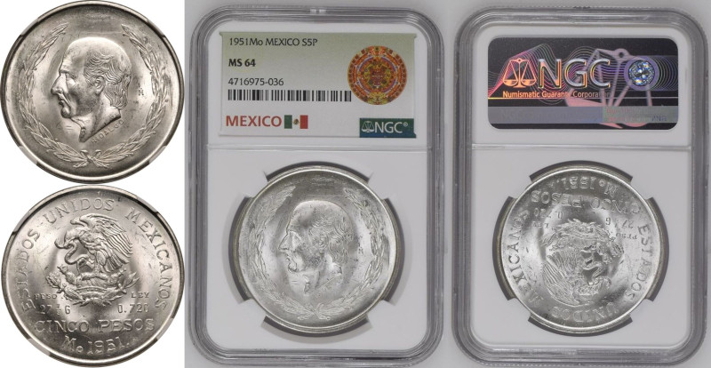 MS 64 | MEXICO. Republic, 1823-date. 
Silver 5 Pesos, 1951. Mexican Mint. 
Cen...