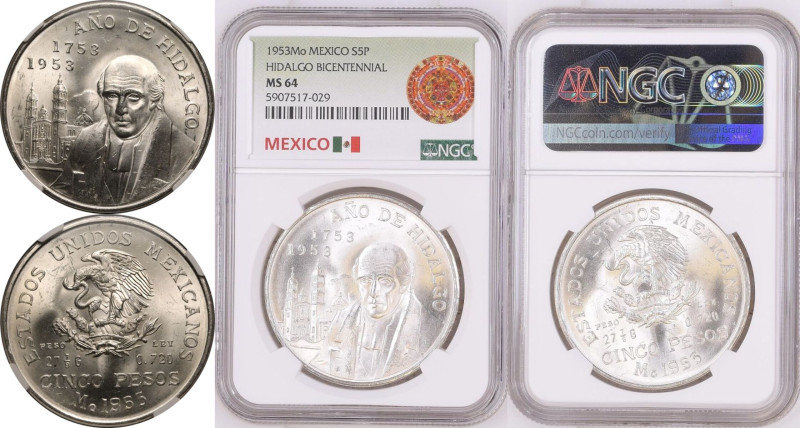 MS 64 | MEXICO. Republic, 1823-date. 
Silver 5 Pesos, 1953. 
Bicentennial of H...