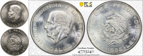 MS64 | MEXICO. Republic, 1823-date. 
Silver 10 Pesos, 1955. Mexican Mint. 
The arms of Mexico with the denomination above and the date below. / Hida...
