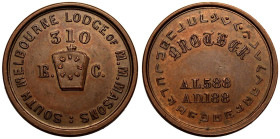 Good Extremely Fine. Scarce | AUSTRALIA. 
Bronze Token, 1880. 

SOUTH MELBOURNE LODGE OF M.M. MASONS, 310 E. C. H T W S S T K S on central tablet /...