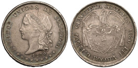 Extremely Fine. Toned | COLOMBIA. ESTADOS UNIDOS. 
Silver 50 Centavos, 1880. 
ESTADOS UNIDOS DE COLOMBIA, LIBERTAD, date and 9 stars below liberty b...