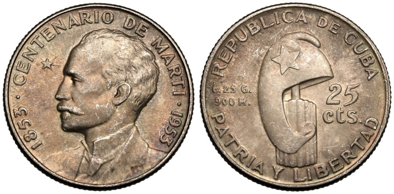 Uncirculated, Toned | CUBA. Jos&eacute; Marti. 
Silver 25 Centavos, 1953. 
REP...