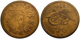 Very Fine. Rare | EGYPT. Fuad I. 
Brass 5 Milliemes Trade Token, 1928. Believed to be Cairo mint. 
1928, A, K, R, Arabic date, and toughra centre / ...