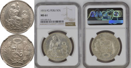 MS 61 | PERU. Republic, 1822-date. 
Silver 1 Sol, 1915 FG. 
There are many varieties these coins produced between 1864-1916 These coins saw frequent...