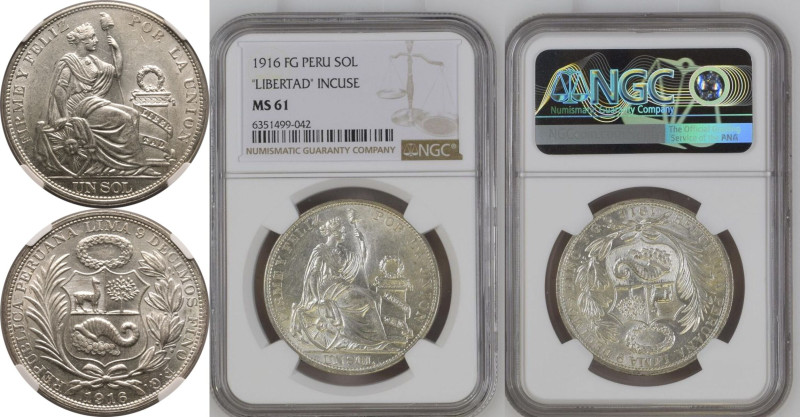 MS 61 | PERU. Republic, 1822-date. 
Silver 1 Sol, 1916 FG. LIBERTAD incuse. 
T...
