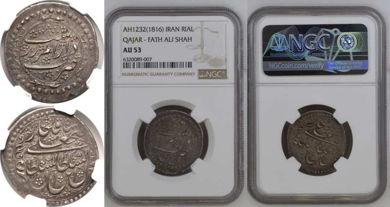 AU 53 | QAJARS. Fath 'Ali Shah. 
Silver Rial, type D, AH 1232 = AD 1816. Raŝt m...