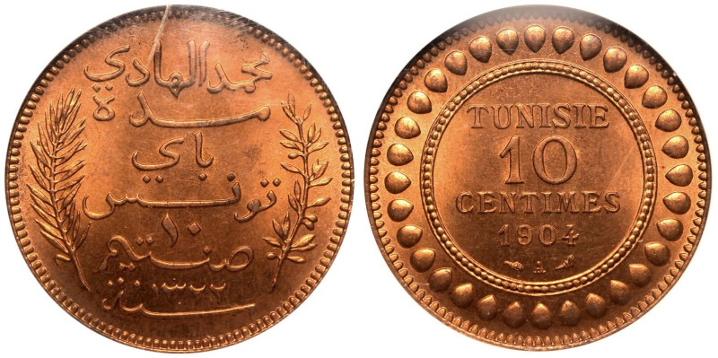 MS 65 RD | TUNISIA. Muhammad IV. 
Bronze 10 Centimes, 1904A (AH1322). 
Arabic ...