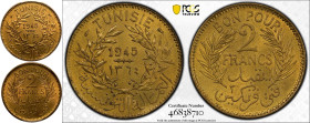 MS64 | TUNISIA. Muhammad VIII, 1943-1957. 
Aluminium bronze 2 Francs, 1364 = 1945. Paris . 
Central dates within wreath, Arabic and Latin legend aro...