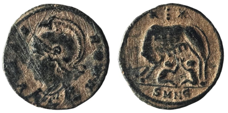 Constantinus I. (306-337 AD). Æ Follis. Nicomedia. Obv: VRBS ROMA. helmeted bust...