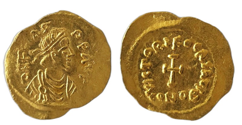 Phocas. (602-610 AD) AV Tremissis. Constantinople. Obv: DN FOCAS PP AVG. pearl-d...