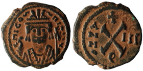 Tiberius II. Constantine. (AD 578-582). Theoupolis (Antioch)
AE Decanummium (19mm, 2,91g)

Artificial sandpatina