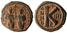 Justin II with Sophia (AD 565-578). Theoupolis (Antioch). dated RY 4 = 568/9
AE Half Follis(24mm, 7,63g)

Artificial sandpatina