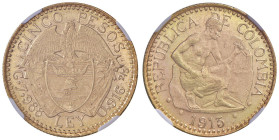 COLOMBIA 5 Pesos 1913 - KM 195 AU In slab NGC n° 5790742-013, TOP POP.