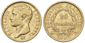 FRANCIA Napoleone I (1804-1814) 20 Franchi 1807 A - Gad. 1023a AU (g 6,39)